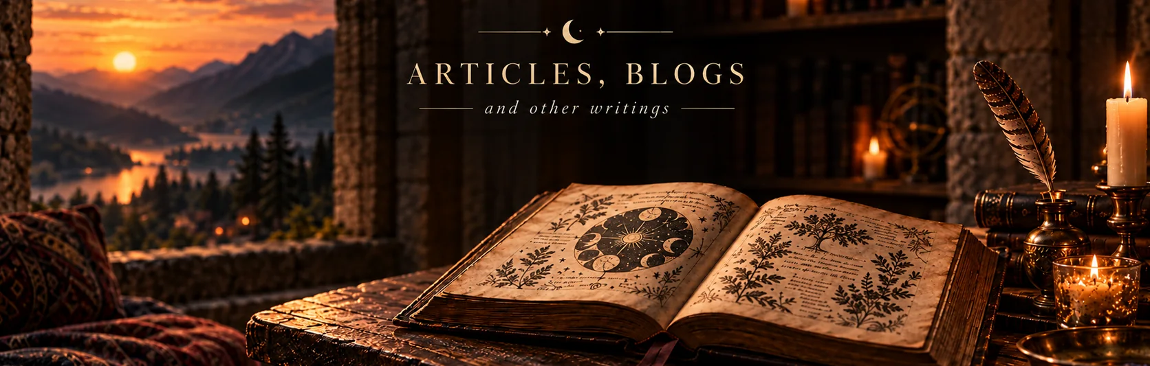 An illustrated open grimoire with celestial and botanical drawings, a quill in an inkpot, candlelight, and a sunset through an old stone window