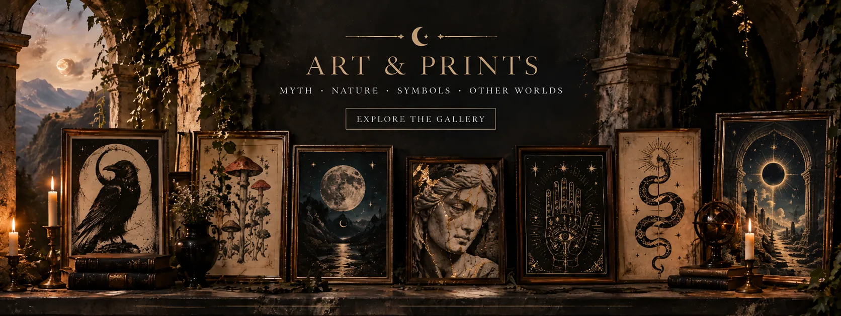 Framed mystical prints in an atmospheric stone gallery: raven, mushrooms, moonlit mountains, classical portrait, palmistry, serpent, and celestial doorway